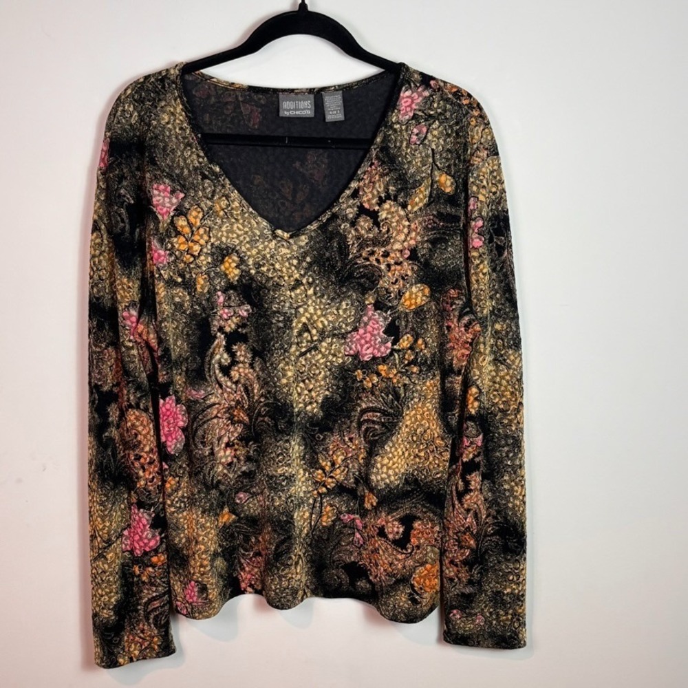 Additions by Chicos Womens Brown Textured Floral Stretch Long Sleeve Top sz 3/XL